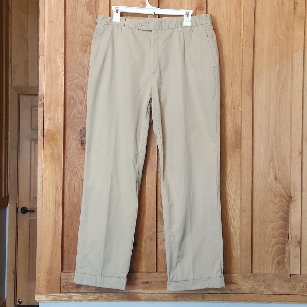 Trillion Flat Front 100% Cotton Italian Chino Cuffed Pants Waist 34, Khaki Beige